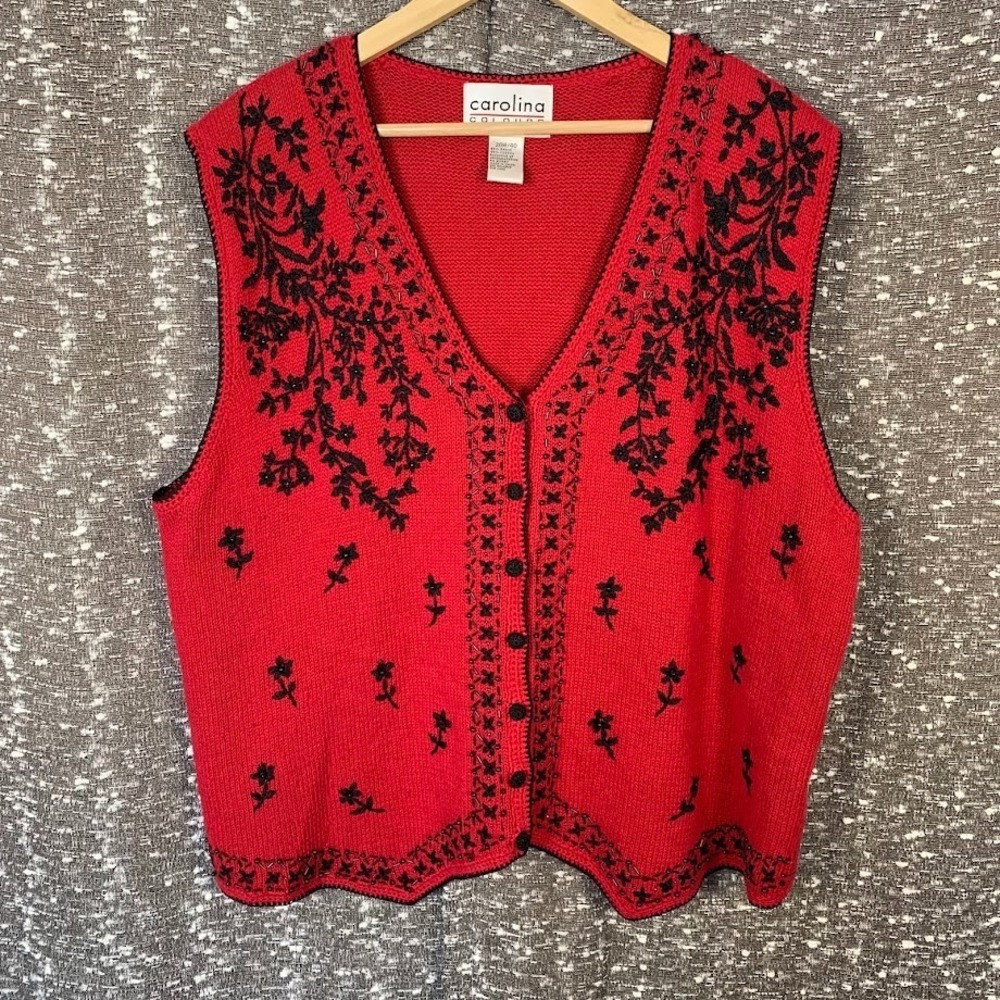 Vintage Carolina Colours Knit‎ Sweater Vest Beaded Embroidered Women's 20W/40